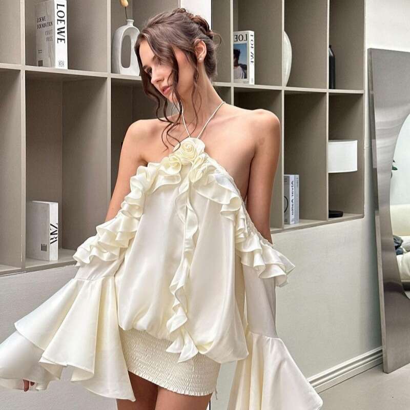 European and American women's 2025 autumn style sexy pure desire French temperament off shoulder ruffle edge flared sleeve dress new casual versa