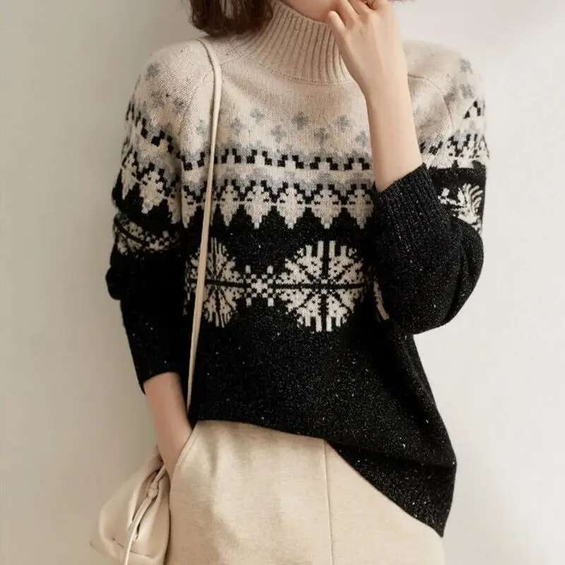 2024 Autumn Winter Women Snowflake Printed Warm Female Thick Half Turtleneck Sweater Knit All-Match Jumpers Tops F36