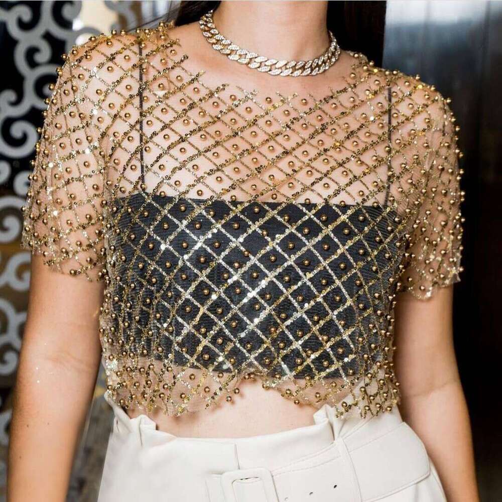 European and American hot selg women's sexy mesh nail bead sequin short sleeved top T-shirt 2025 new casual fashion trend clothing