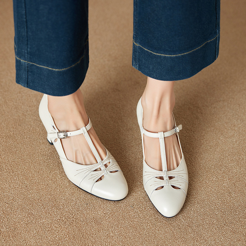 Women Dress Shoes Fashion High Heel Pointed Toe Retro Style Versatile Triple Beige Apricot Free shipping