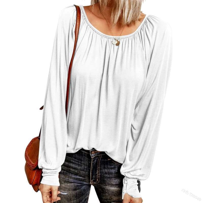 New Solid Color Round Neck Designer T-shirt Casual Pleated Long Sleeved Women's Top