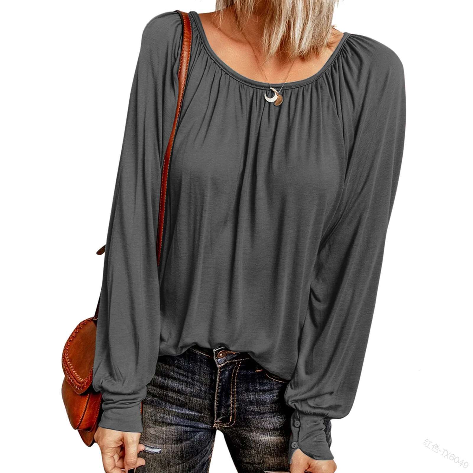 New Solid Color Round Neck Designer T-shirt Casual Pleated Long Sleeved Women's Top
