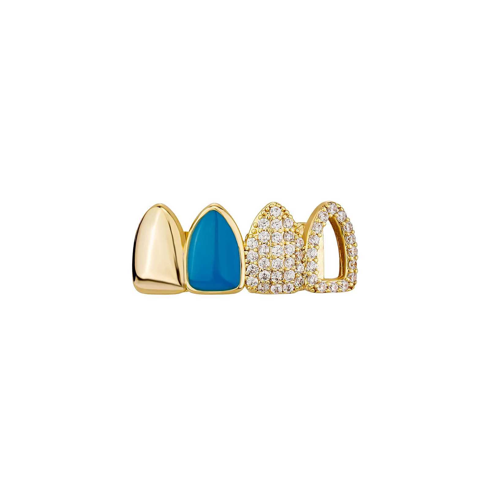 Hip Hop Double Blue Drip Oil Hollow Zircon Teeth Grillz 14K Gold Plated CZ Stone Tooth Caps For Women Men Couple JewelryXJ250114