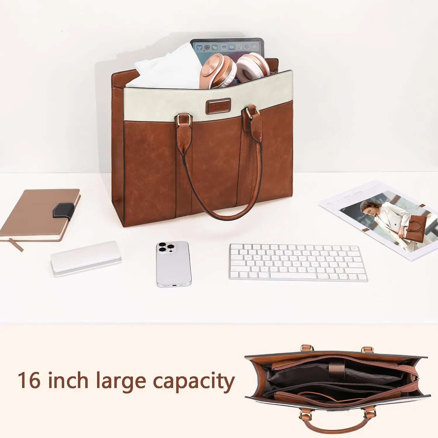 PU Leather Laptop 15.6 inch Waterproof Tote Casual Travel Handbag Shoulder Bags Office Computer Briefcase Women's Bag
