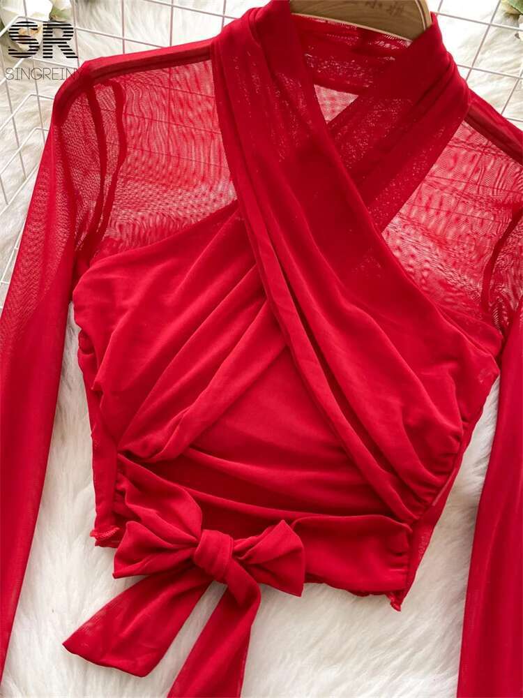 Sexy Bow Design Tops Long Sleeve Halter Shirt Streetwear 2025 Spring Newest Solid Mesh Criss-Cross Sheer Basics Blouse