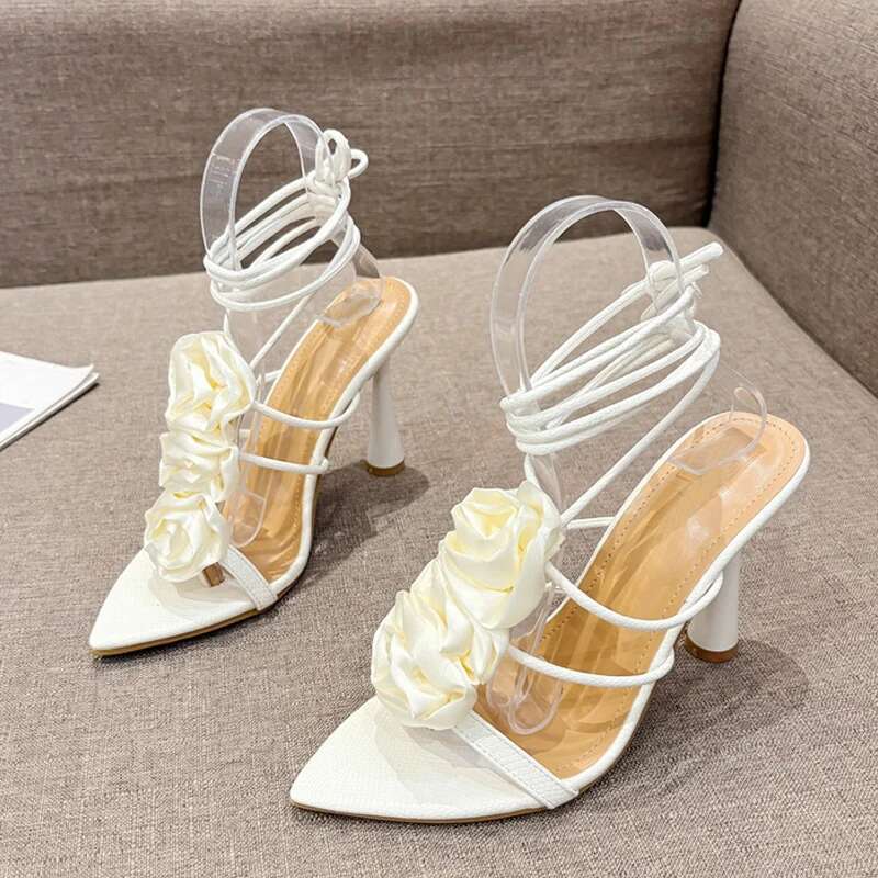 Liyke Size 35-41 Sexy Pointed Toe Lace Up High Heels White Sandals For Women Silk Rose Wers Summer Party Dress Shoes Pumps