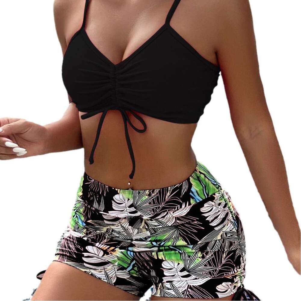 2025 New Female Sexy Strap Printed Drawstring Design Waist and Back Bare Bikini Swimsuit Trajes De Bano Swim Bikini Designer Swimsuit New Product