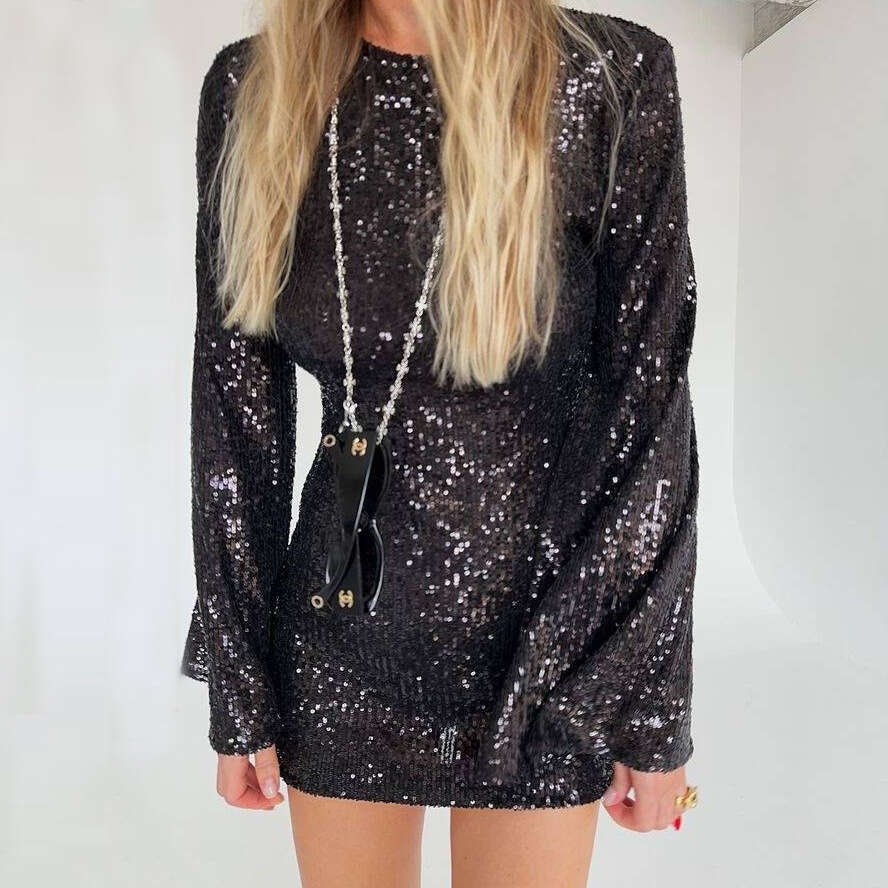 autumn winter European American women's hot selg sequined flared sleeves fashionable casual dress 2025 new style chic and elegant clothing