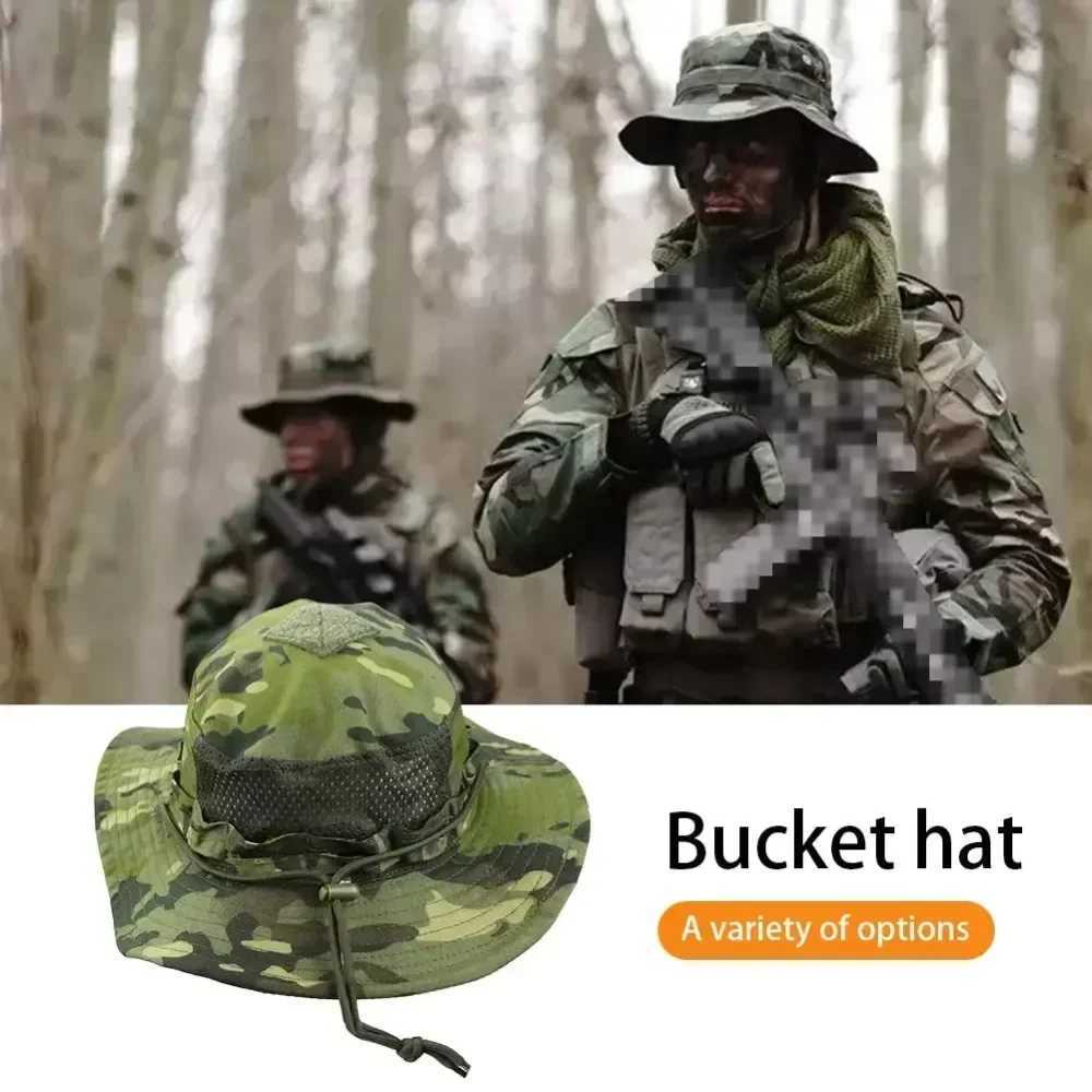 Hot Camouflage Tactical Hats Mesh Bucket Sunscreen Summer Breathab s Hunting Hiking Outdoor Fishing Fisherman Beach SunhatXJ250116