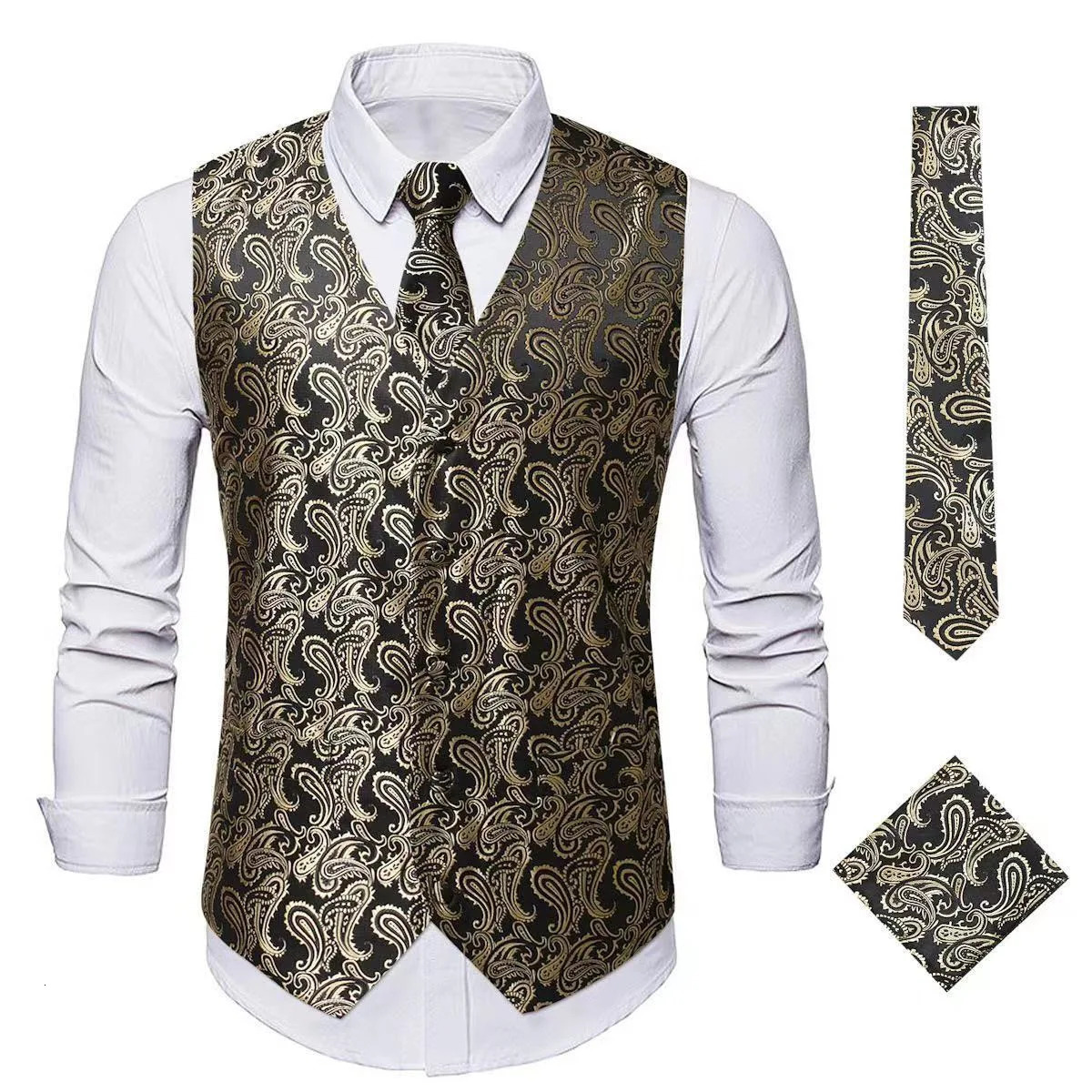 Elegant Mens Paisley Jacquard Vest 3pcs Waistcoat with Tie Pocket Square Set for Male Sleeveless Jacket Wedding Business Party 250114Z