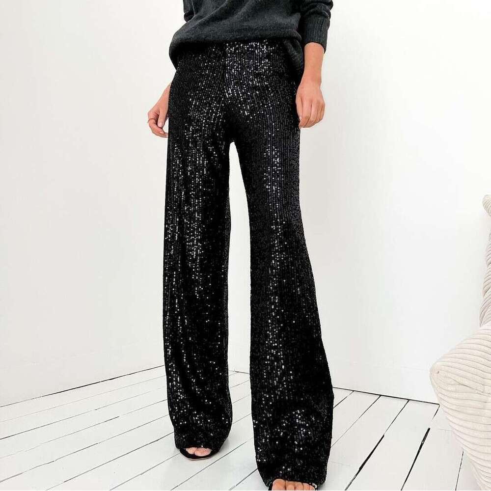 European and American women's hot selg solid color sequins fashionable casual straight leg pants 2025 temperament versatile new trend clothing in