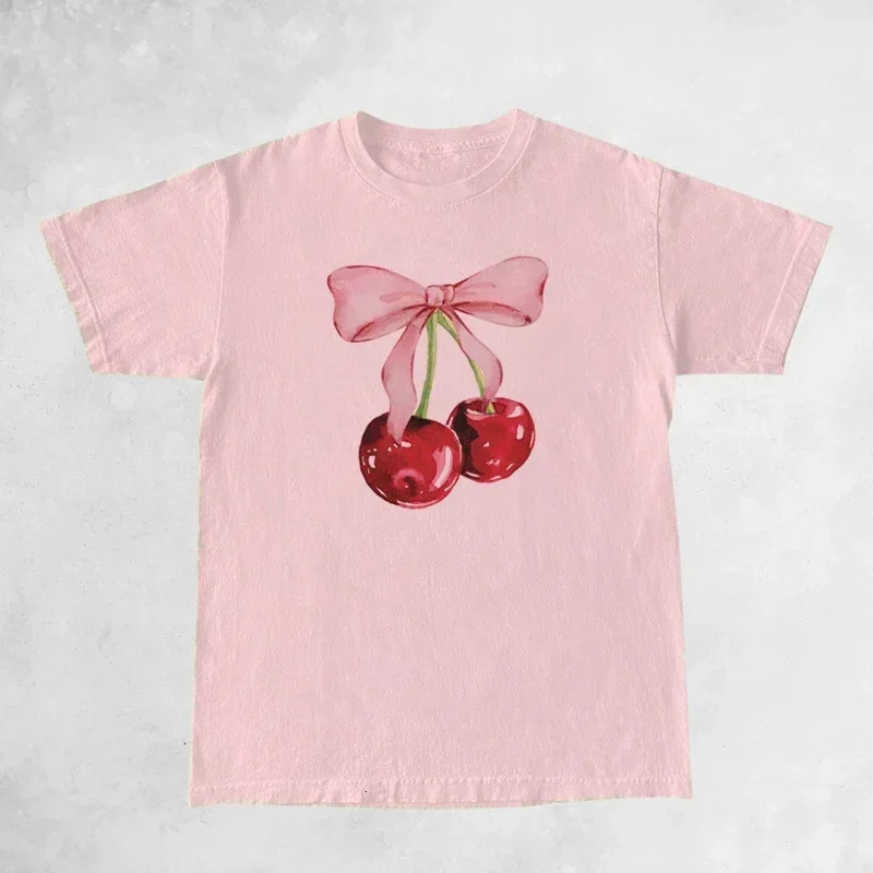 Cherry Bow Printed Womens Vintage T-Shirt Trendy Cute Coquette Tee Shirt Short Sleeve Cottagecore Aesthetic Tops Female Clothes 250109