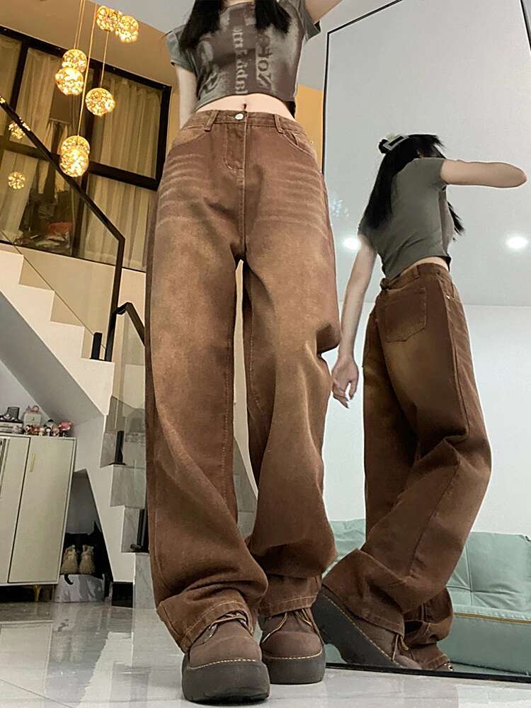 Women Brown Jeans 90S Aesthetic Y2k Vintage Baggy Denim Trouser Fashion Haruku High Waist Wide Cowboy Pants 2000S Clothes 2023
