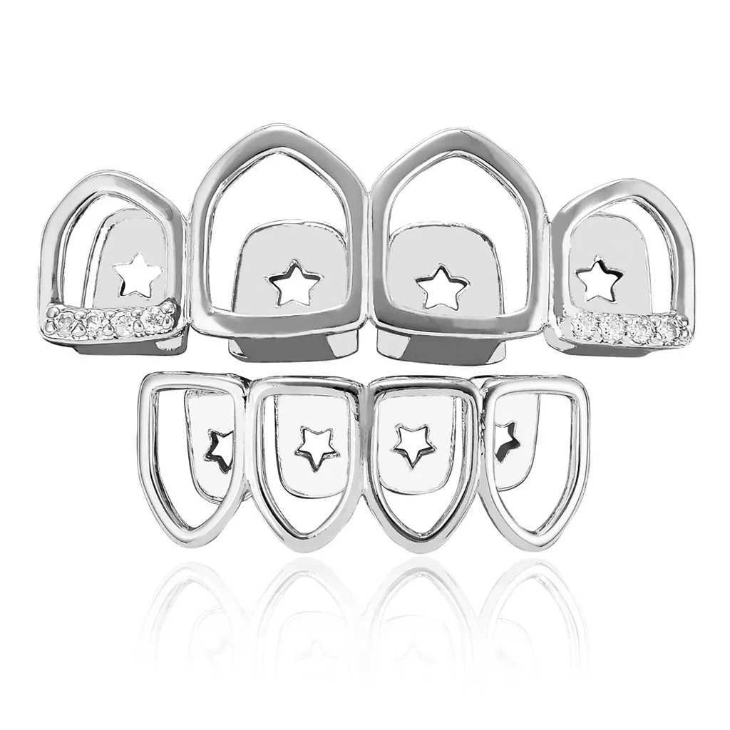 CZ Stones Star Teeth Grillz Caps Cubic Zircon Iced Out Micro Pave Top Bottom Charm Grills Set For Men Women Hip Hop JewelryXJ250114