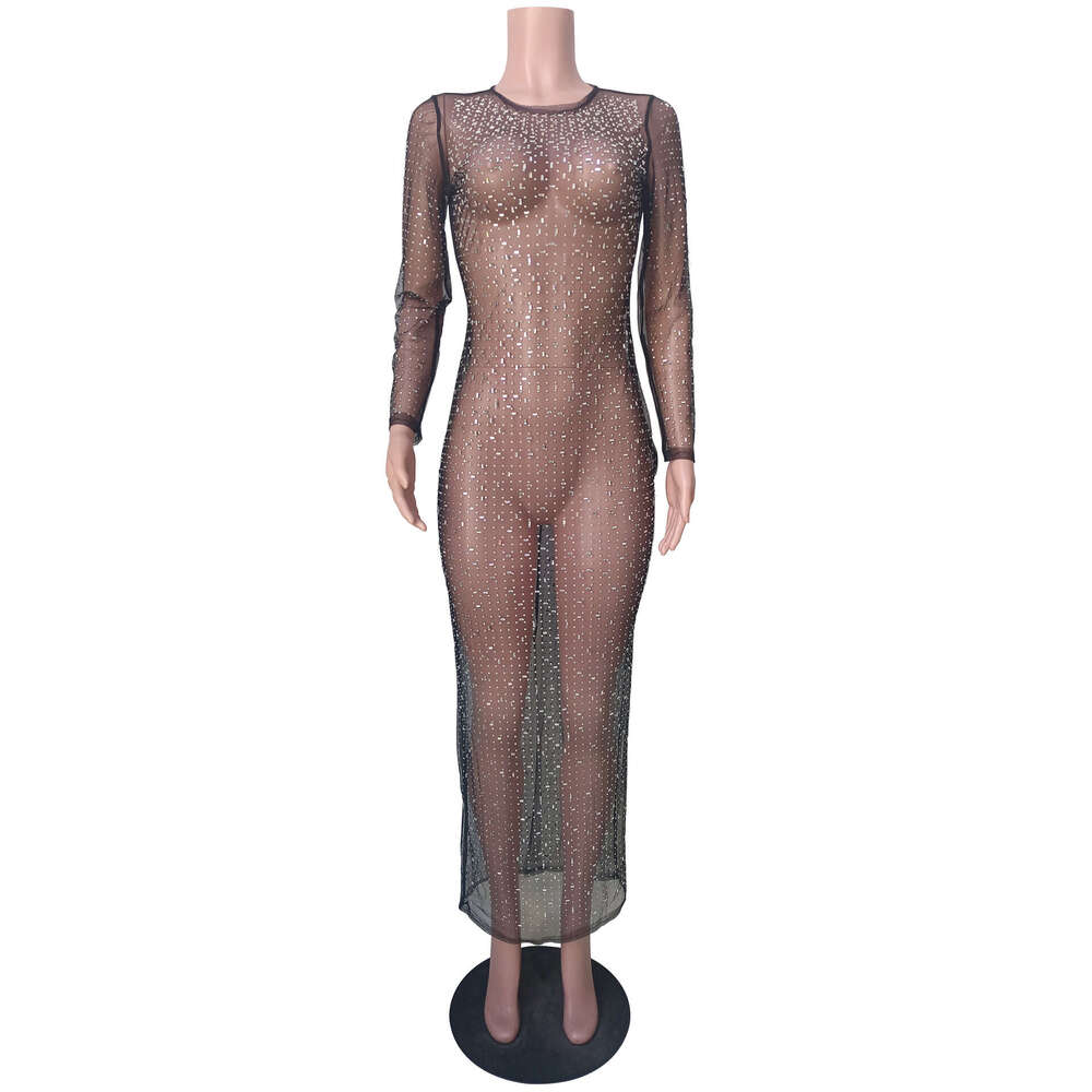 European and American Selg Fashionable Sexy Hot Dia Hoodie Mesh Long Sleeve Split Dress 2025 New Style Elegant Clothing