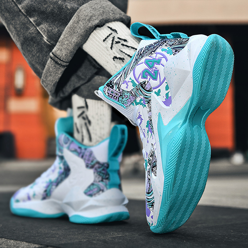 High top basketball shoes male adult leather winter concrete actual combat sports shoes purple white black