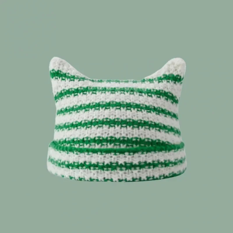Japanese Streetwear Harajuku Beanie Little Devil Striped Knitted Hat Women Girls Autumn Winter Cute Cat Ears Cap 250118