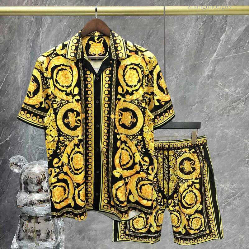 Men's Casual Shirts High Quality Baroque Black Gold Print Shirt Hip Hop Print Beach ShirtShort Men Summer Casual Short Sleeve Set Button Down Shi
