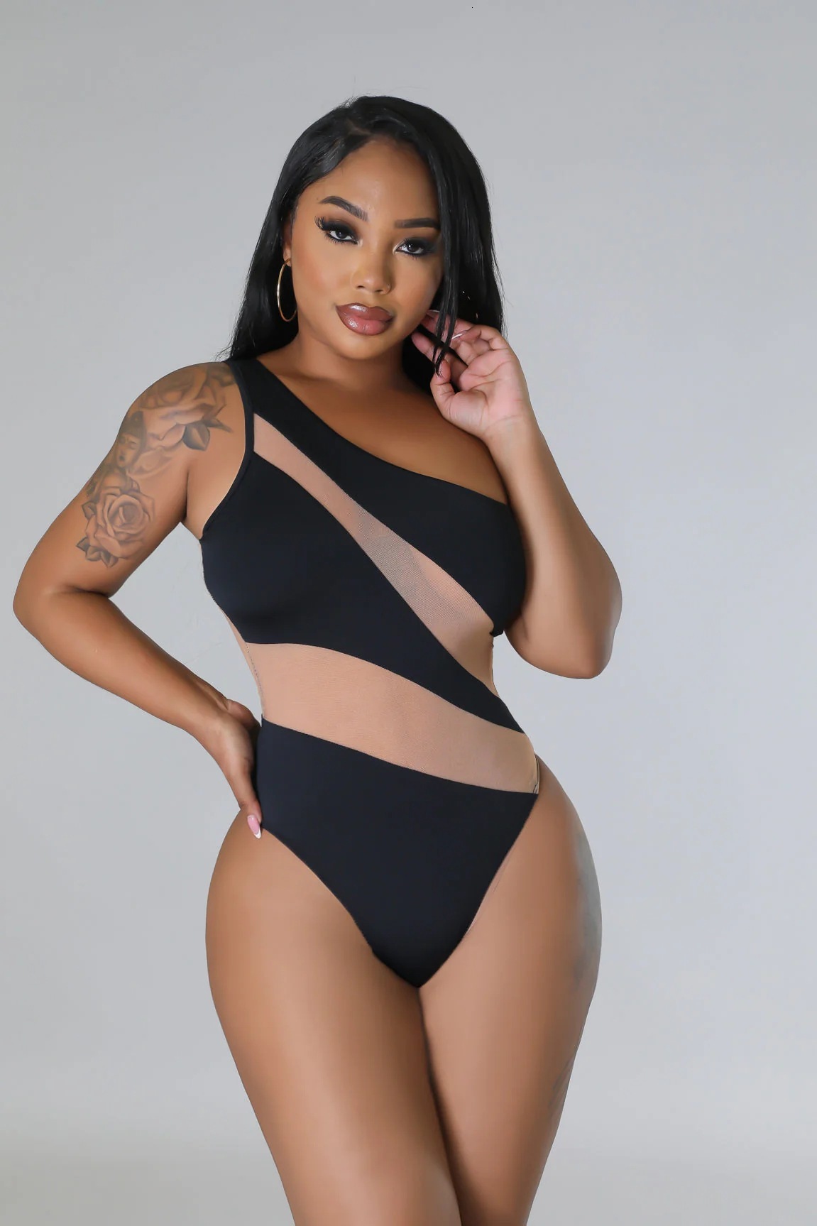 New Sexy Shoulder Mesh Spliced Women's One Piece Swimsuit Bikini