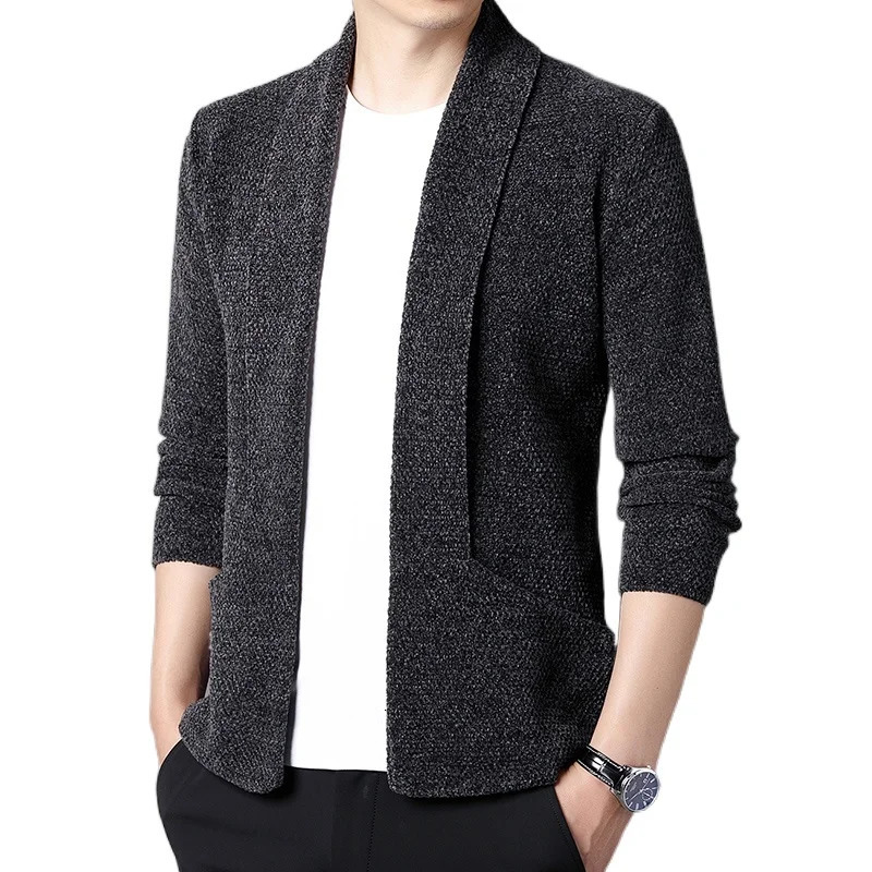 Mens Knitted Cardigan Chenille Lapel Buttonless Solid Color Simple Business Casual Mens Cardigan 250113