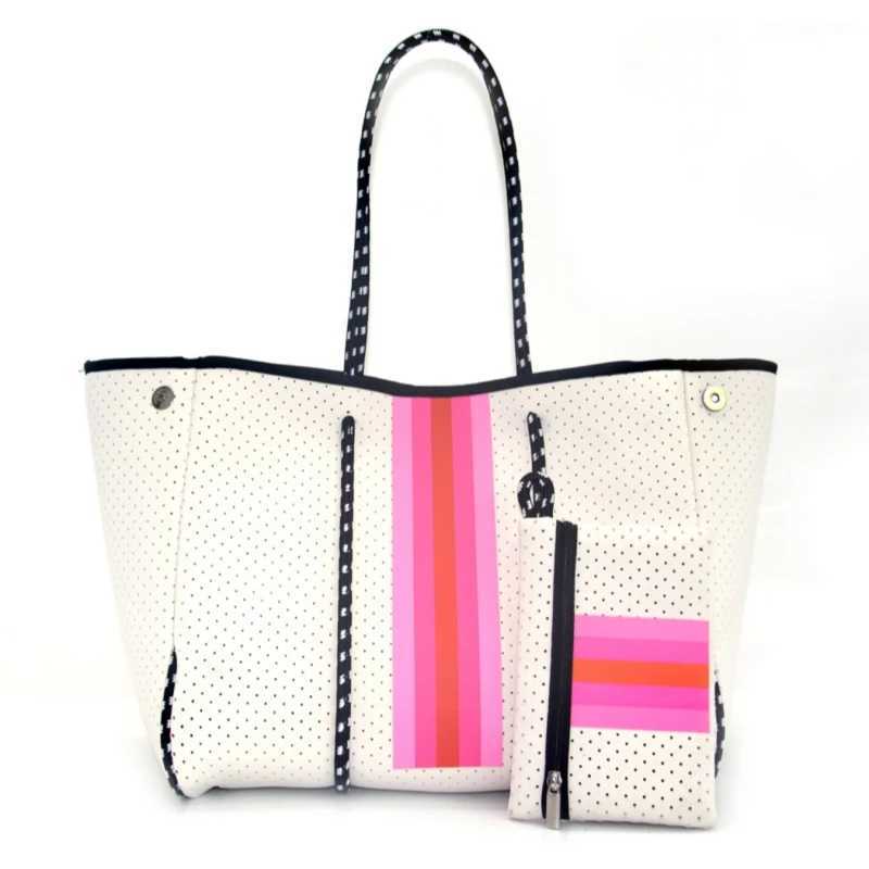 New Arrival Hot selling striped printed womens travel handbag large handbag chloroprene rubber womens perforated beach handbag Z250118