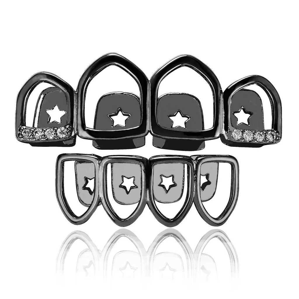 CZ Stones Star Teeth Grillz Caps Cubic Zircon Iced Out Micro Pave Top Bottom Charm Grills Set For Men Women Hip Hop JewelryXJ250114