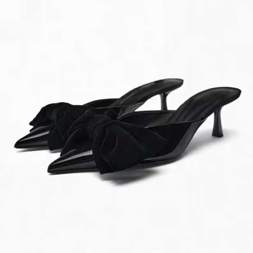 2024 New Womens Butterfly Knot Sandal Shoes Woman Heel Shoe Black Leather High Heels Party Slippers Pumps Sandals