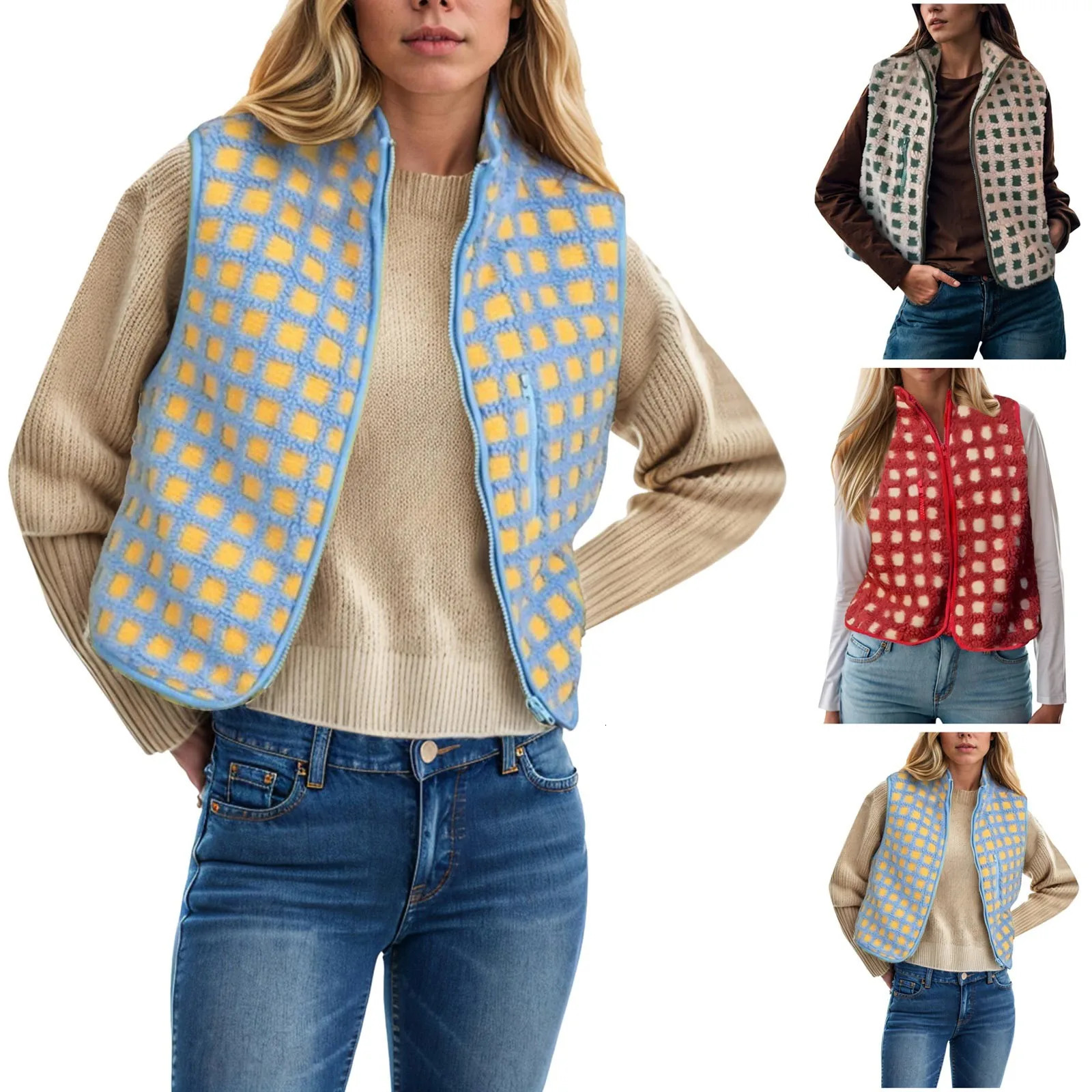 Women Checkered Cardigan Vest Sleeveless Zip Up Fleece Top Crochet Plaid Vests With Pocket Holiday Outfits For Woman Dressy 250113