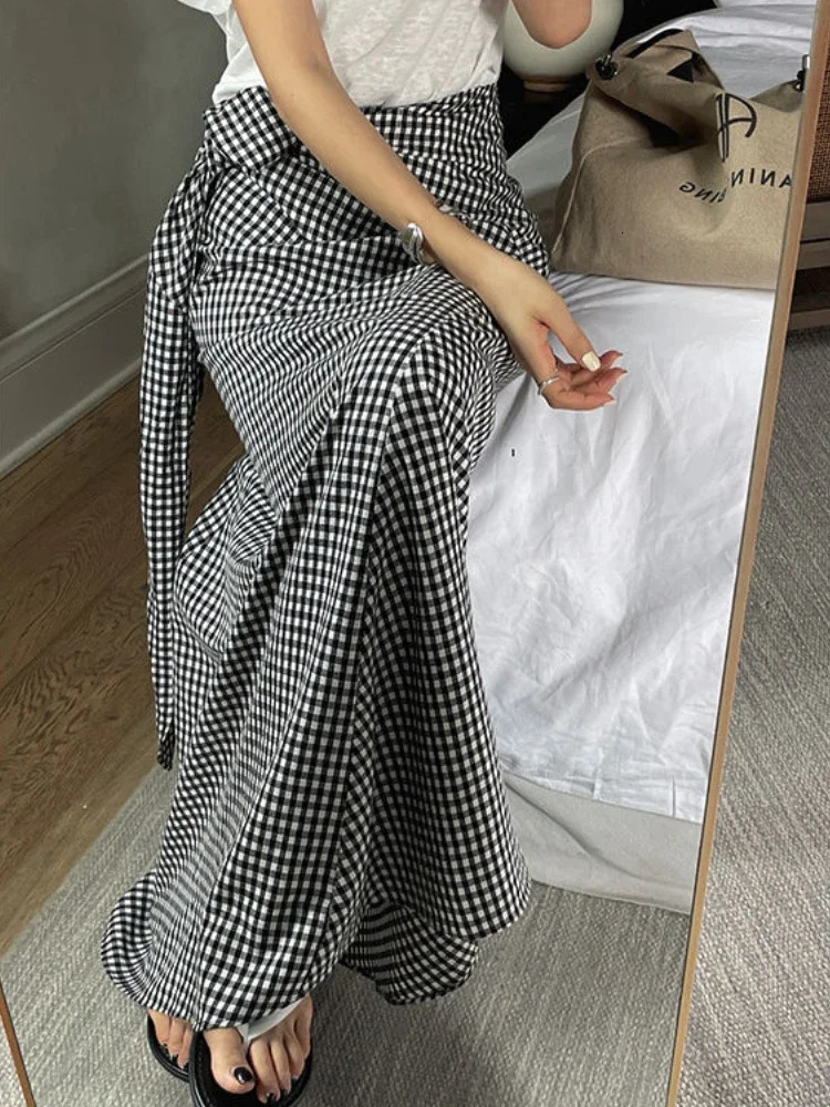Korean Bowknot Laceup Aline Skirt for Women Summer Black White Plaid Female Elegant Womens Long High Waist 250108