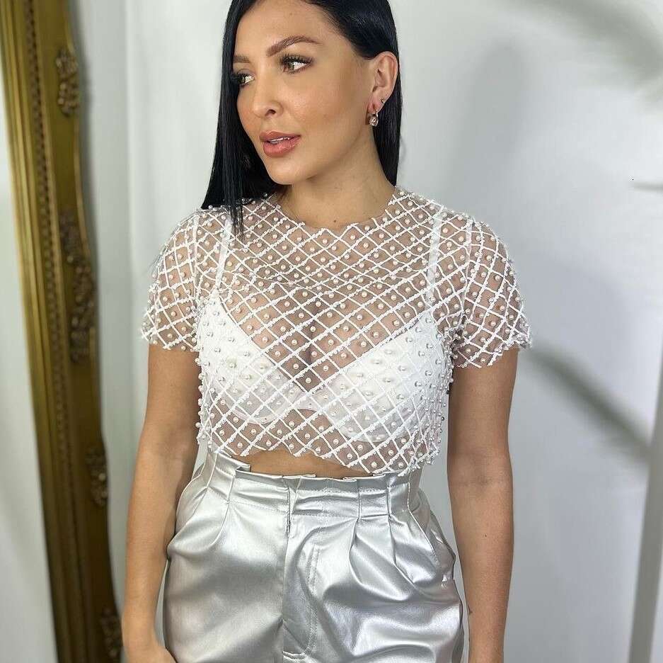 European and American hot selg women's sexy mesh nail bead sequin short sleeved top T-shirt 2025 new casual fashion trend clothing