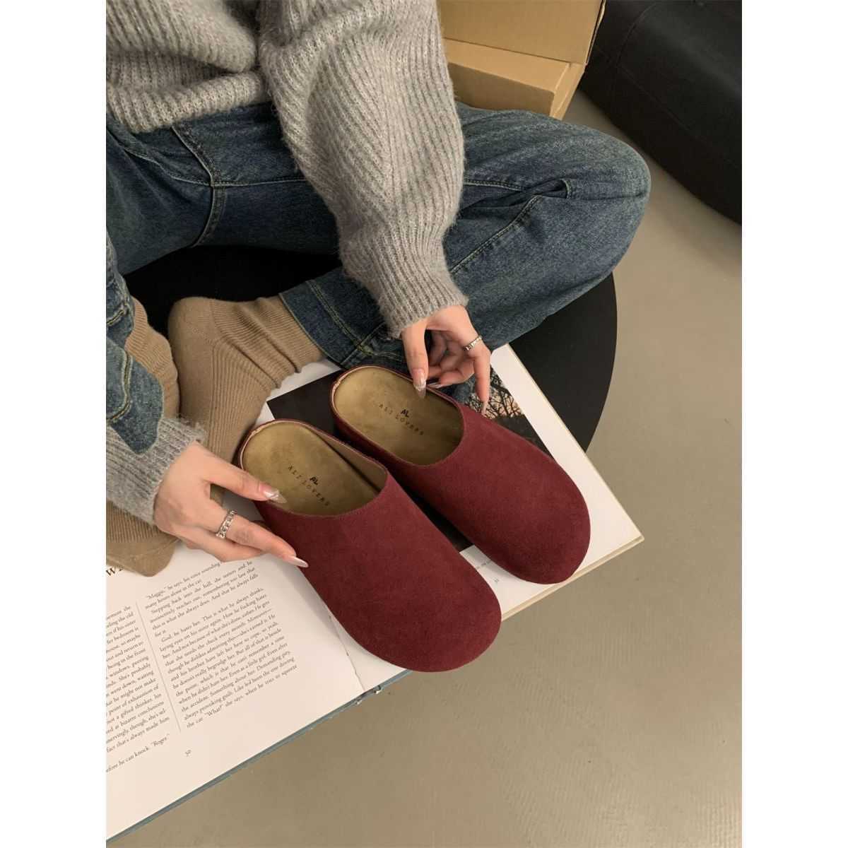 sandals slides slippers clogs Boken spring and autumn new item frosted thick sole versatile half drag one foot on cork lazy womens shoes