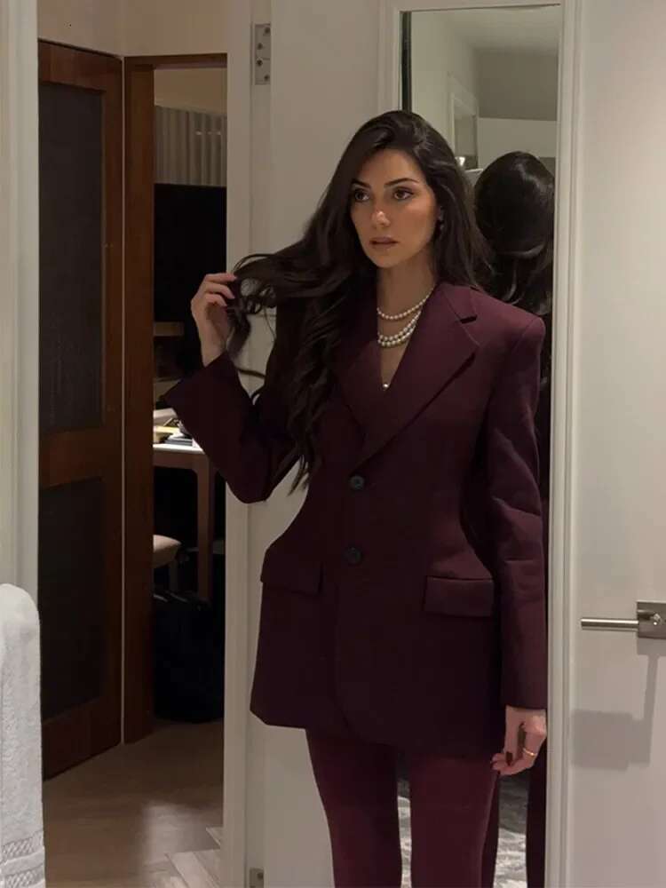 Fashion Casual Bury Red Women Slim Blazer Elegant Lapel Single Breasted Long Sleeved Padded Shoulder Suit Jackets