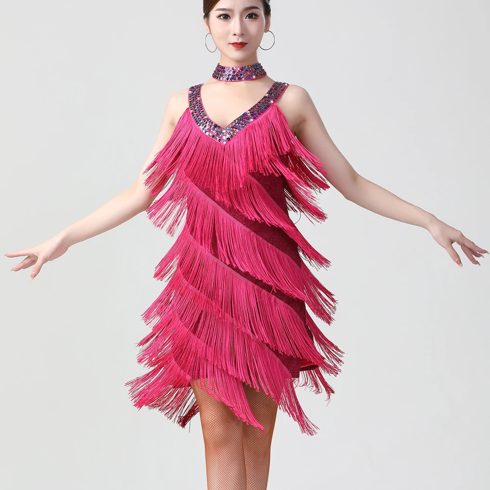 Sexy Women Double V Neck Sleeveless Fringe Dress Sequined Beaded Bodycon Mini Dress Salsa Rumba Samba Jazz Latin Dance Dress 250113