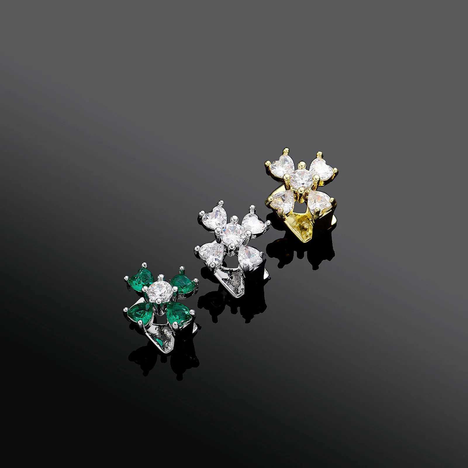 RACHELZ Hip Hop Single Cross Flower Zircon Teeth Grillz Gold Silver Color Green Crystal Tooth Caps For Women Men Jewelry GiftXJ250114