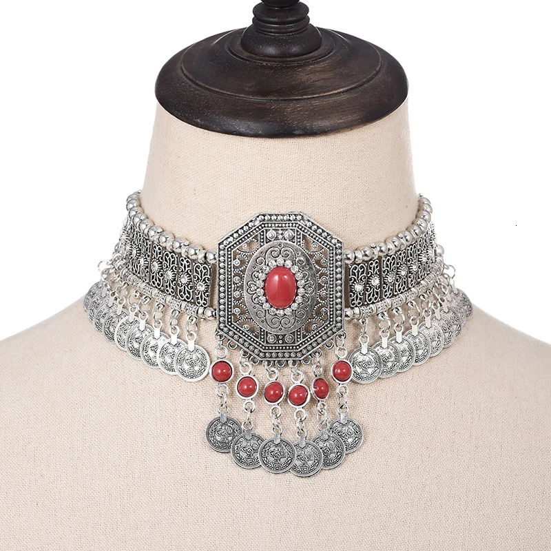 Ethnic Declaration Womens necklace Bohemian retro hollow geometric crystal rhinestone beads coin tassel jewelry 250109