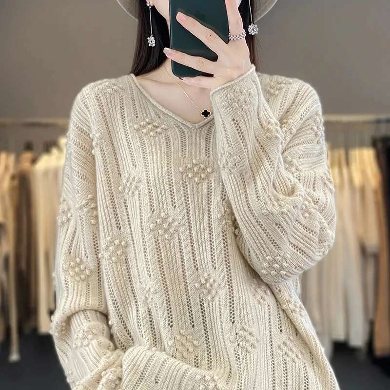Women's Pullover Sweater 2024 Autumn Winter Hollow Out V-Neck Ladies Knitting Jumper Loose Age Reduction Female Bottoming Tops