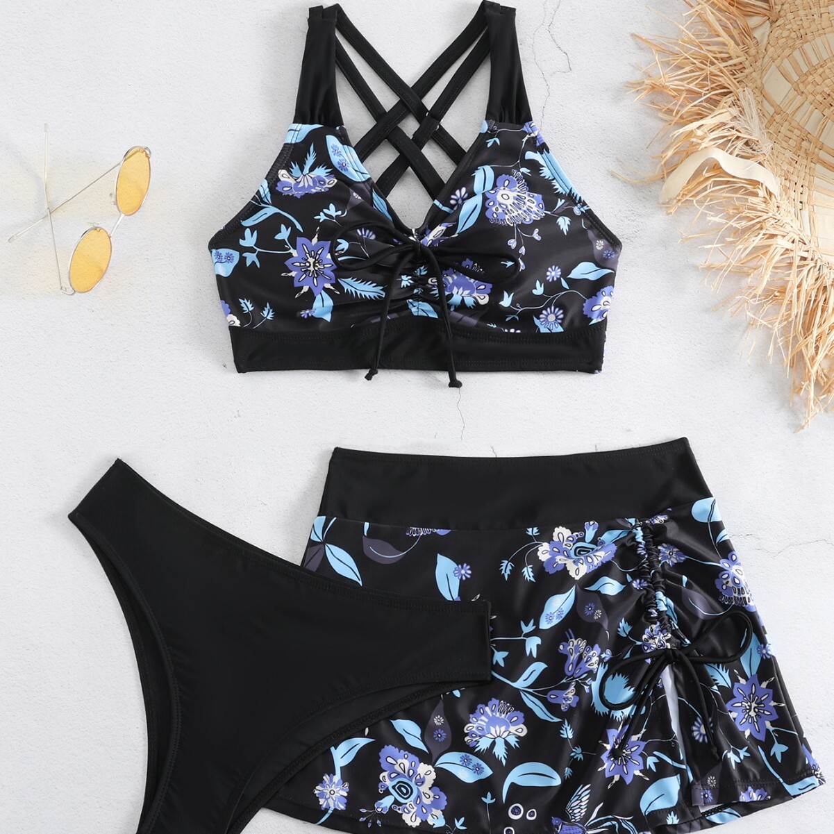 2025 bikini split swimsuit women's skirt style three piece set