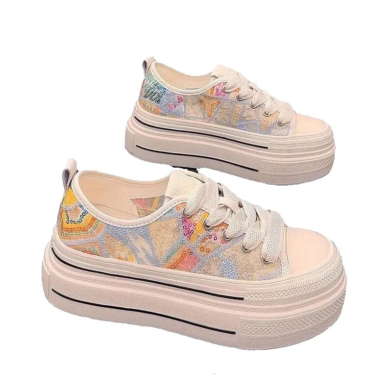 New popular breathable sequin mesh canvas, new white casual outdoor sports shoes, sponge cake thick soled designer sports shoes