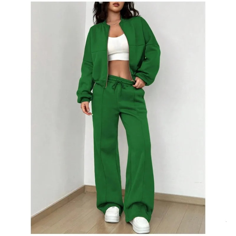 Grey Bomber Jacket Pant Women 2 Pieces Set Casual Long Sleeve Zipper Coat Casual Solid Sweatshirt Trousers Suit Fall Sportwear 250113