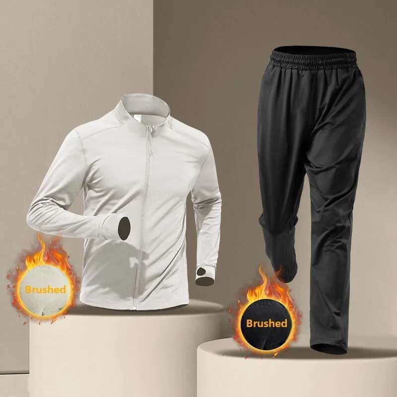 Men's Winter Running Sports Plush Warm Quick-Dry Fiess Jacket Stand Collar Morning Runs Training Mens Sweatsuits Set