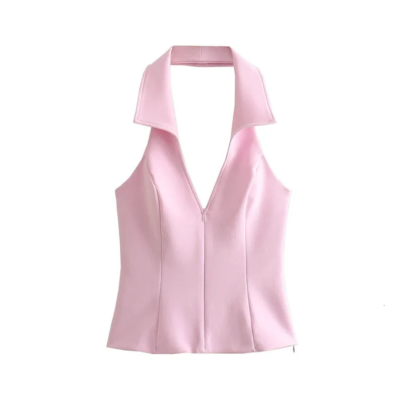 ASDS-Womens Halter Neck Slim Cropped Top Side Zipper Backless Sexy Female Fashion 250115