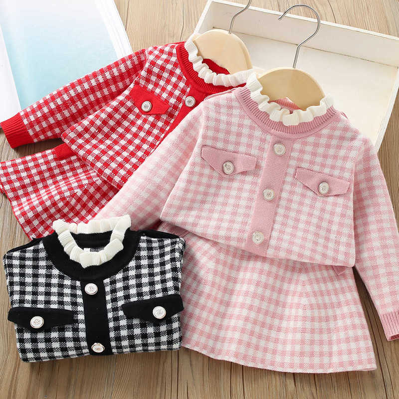 Girl's Dresses Girls' Sweater Set Autumn/Winter New Style Baby Girl's Checkered Small Fragrant Knitted Two Piece Skirt