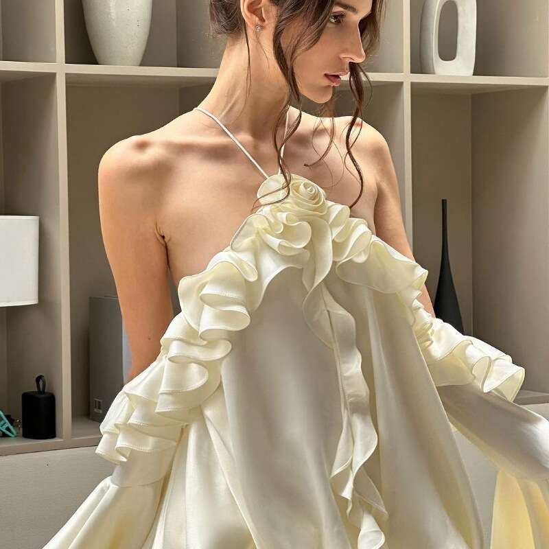 European and American women's 2025 autumn style sexy pure desire French temperament off shoulder ruffle edge flared sleeve dress new casual versa