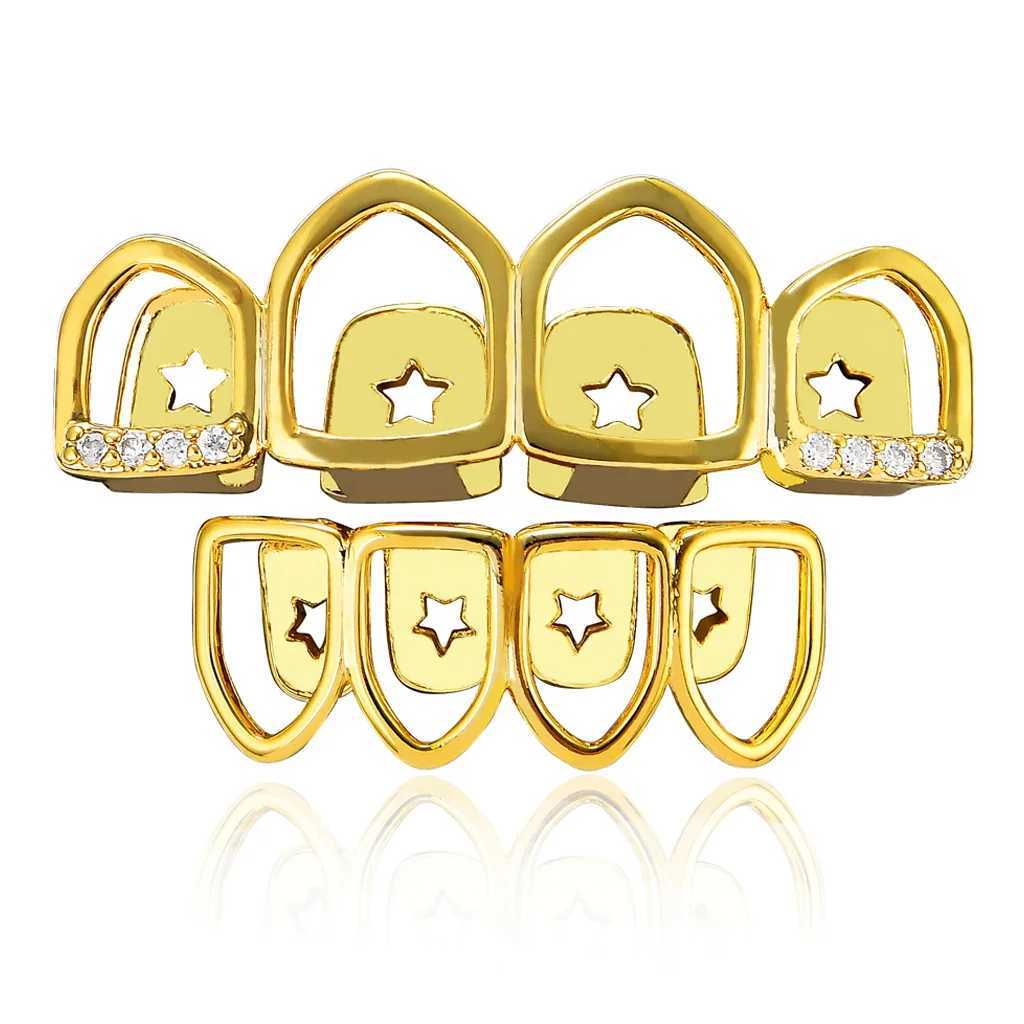CZ Stones Star Teeth Grillz Caps Cubic Zircon Iced Out Micro Pave Top Bottom Charm Grills Set For Men Women Hip Hop JewelryXJ250114