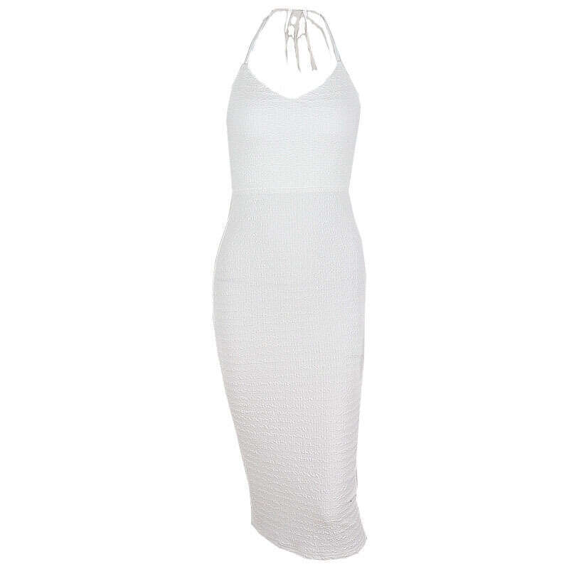 Ins autumn new product sexy low cut V-neck hollow out backless hanging neck lace up mid length slit dress for women, with a unique and elegant tempera