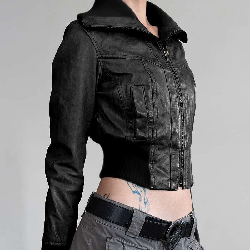 CIBBAR Punk Style Black Leather Jacket Full Zip-Up Turtleneck Long Sleeve Cropped Jackets Women Streetwear Patchwork PU Coat Y2k