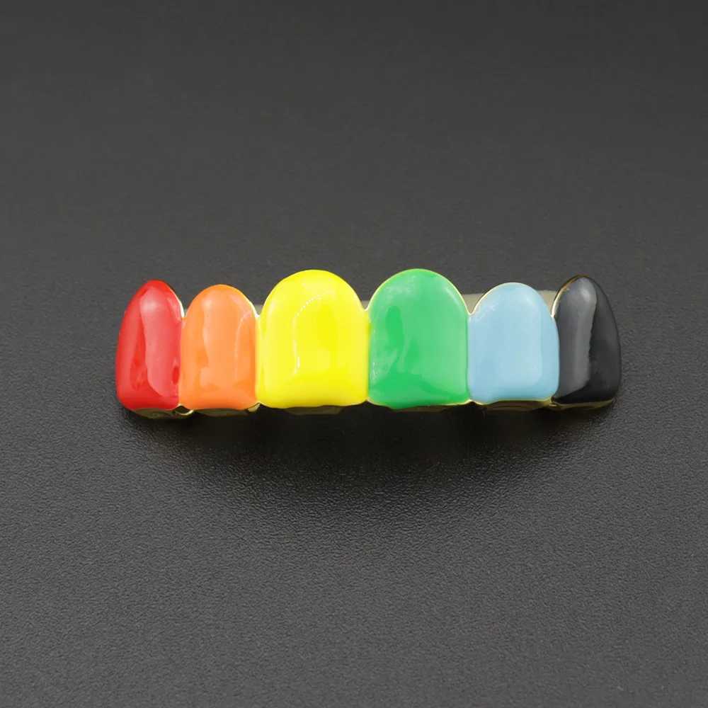 Multi Color Drip Oil CZ Teeth Grillz Caps Cubic Zircon Iced Out MicroTop Bottom Charm Grills For Men Women Hip Hop Jewelry XmasXJ250114