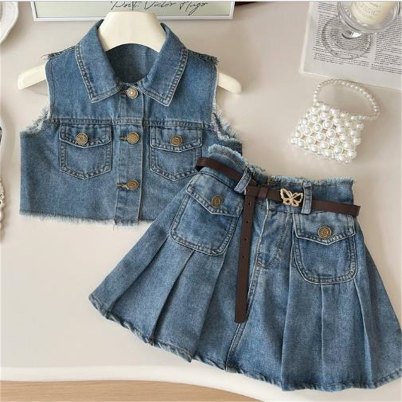 2 Piece Skirt Set Girls Denim Vest and Skirt Set Sleeveless Top and Skirt Outfit for Kids - Lightweight for Daily Use y250607S5AM