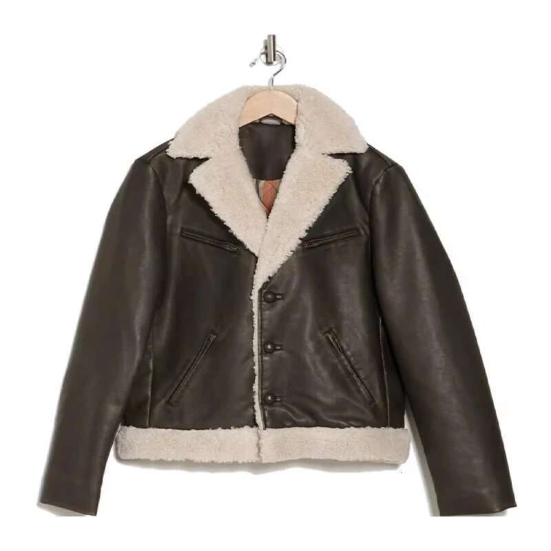 NIGO LP Women's Winter Lamb Fur Collar Vintage Aged Leather Long Sleeve Fitted Jacket #Nigo61437