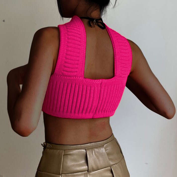 popular European American women's sexy vacation hanging neck, rabbit veet knitted sweater, strapless vest top, 2025 new style, chic and elegant c